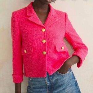 ZARA Textured Pink Blazer With Gold Buttons Cropped Boxy Style Size XS